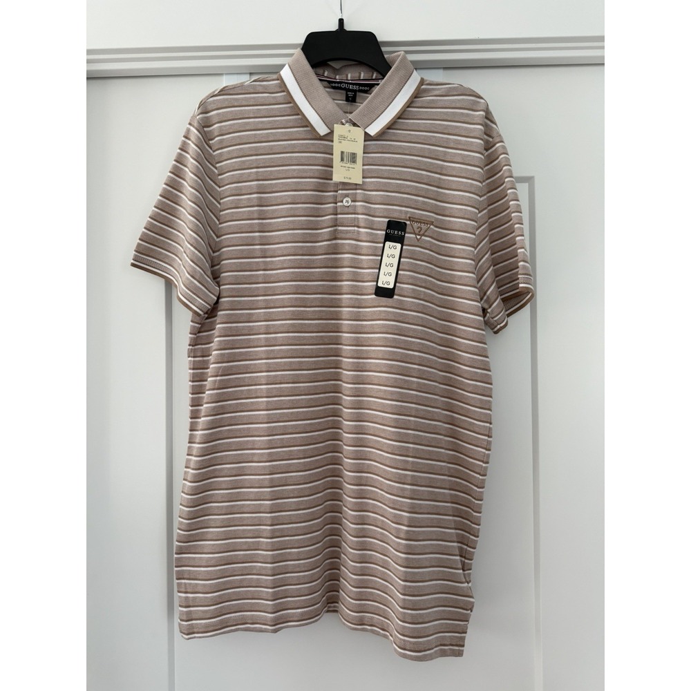 NWT Guess Los Angeles LA Polo Shirt Exclusive Beige Stripes Short Sleeve LG NEW